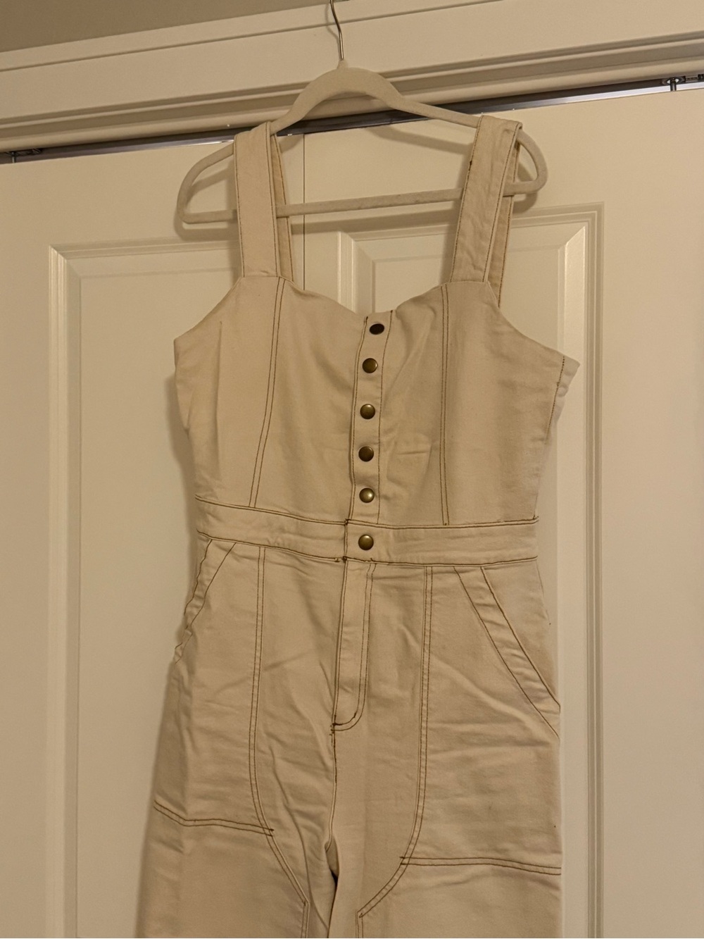 Tecovas Cream Button Front Wide Leg Denim Jumpsuit